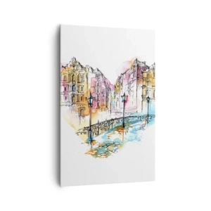 Cuadro sobre lienzo - Impresión de Imagen - Acuarela de un puente y casas de vecindad en forma de corazón - 80x120cm - El corazón de la ciudad - Decoración de pared moderna para salón y dormitorio ARTTOR