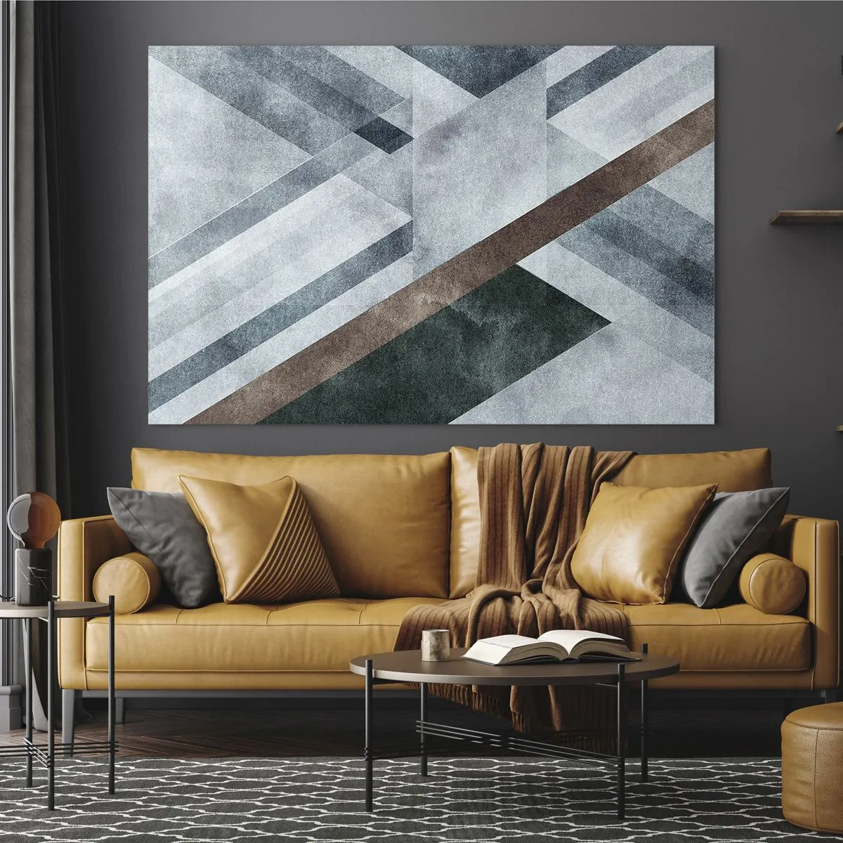 Cuadro sobre vidrio - Impresiones sobre Vidrio - Abstracción geométrica en tonos fríos con un acento verde oscuro. - 70x50cm - Sofisticada elegancia de la geometría - Decoración de pared moderna para salón y dormitorio ARTTOR