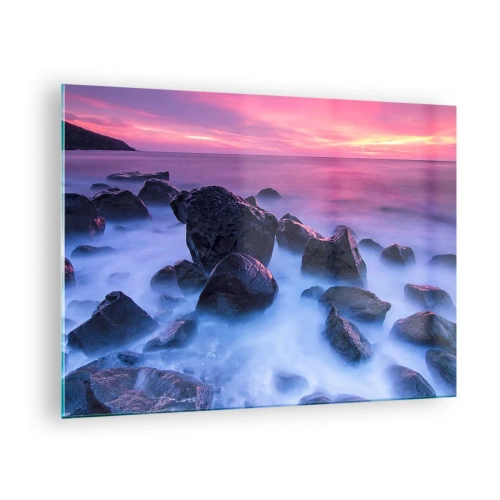 Cuadro sobre vidrio - Impresiones sobre Vidrio - Olas rompiendo en las rocas al atardecer - 70x50cm - Nacimiento en la luz y la niebla - Decoración de pared moderna para salón y dormitorio ARTTOR