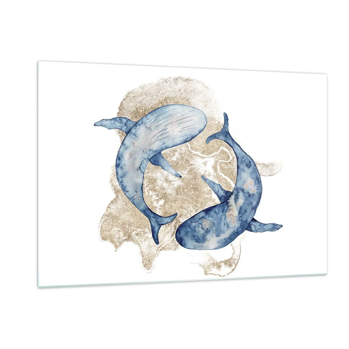 Cuadro sobre vidrio - Impresiones sobre Vidrio - Dos ballenas azules sobre un fondo de manchas doradas abstractas - 120x80cm - ¿Amistad o amor? - Decoración de pared moderna para salón y dormitorio ARTTOR