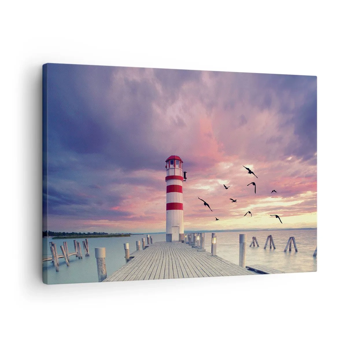 Cuadro sobre lienzo - Impresión de Imagen - Un faro en el muelle rodeado de una pintoresca puesta de sol. - 70x50cm - Hora de ir al puerto - Decoración de pared moderna para salón y dormitorio ARTTOR