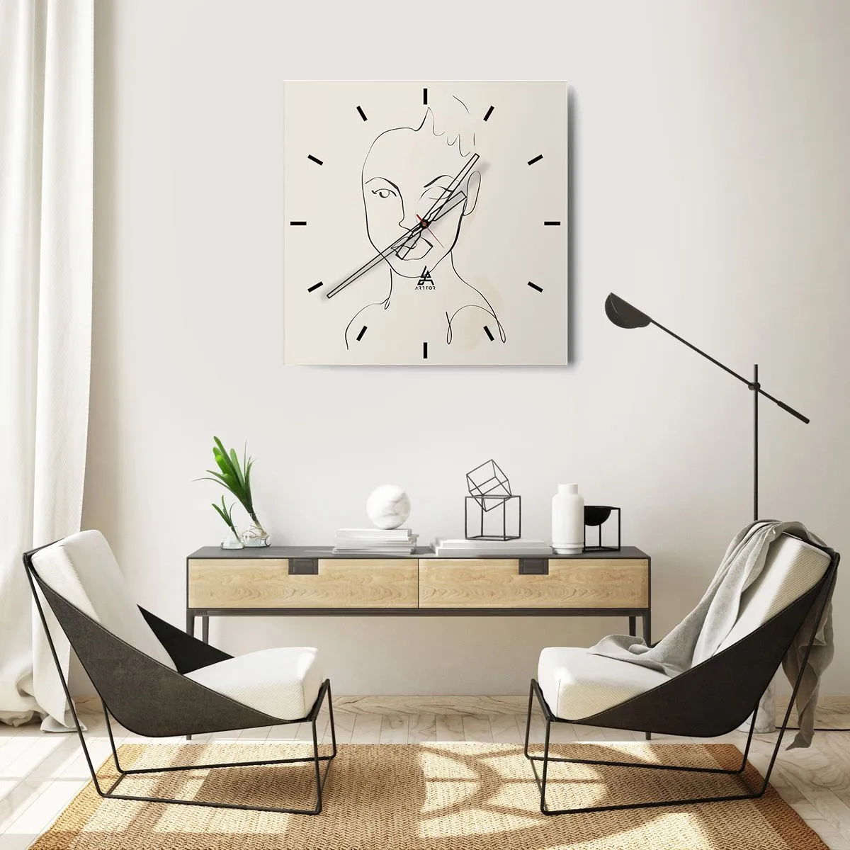 Reloj de pared - Reloj de vidrio - Boceto minimalista del rostro de una mujer. - 30x30cm - Un esbozo de sensualidad - Decoración de pared moderna para salón y dormitorio ARTTOR
