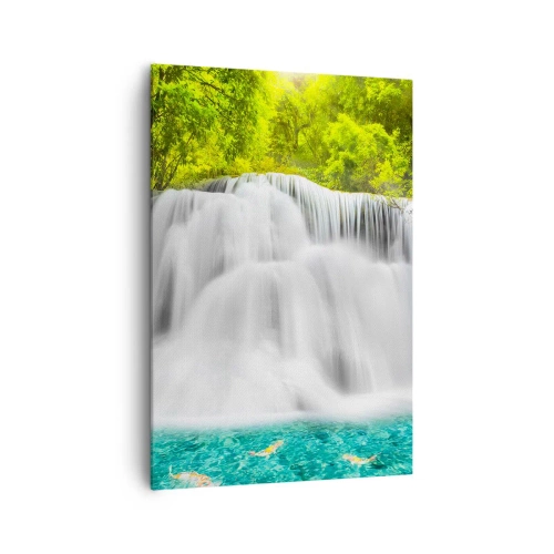 Cuadro sobre lienzo - Impresión de Imagen - Una cascada en un bosque tropical con agua turquesa. - 70x100cm - Cascada espumosa, de verde a azul - Decoración de pared moderna para salón y dormitorio ARTTOR