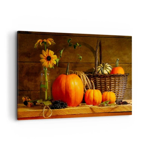 Cuadro sobre lienzo - Impresión de Imagen - Composición otoñal con calabazas y flores sobre un fondo de madera. - 120x80cm - Composición rústica - regalos de otoño - Decoración de pared moderna para salón y dormitorio ARTTOR
