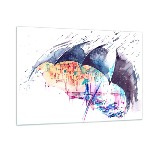 Cuadro sobre vidrio - Impresiones sobre Vidrio - Una ciudad colorida al fondo bajo un paraguas negro. - 120x80cm - Caminando bajo la lluvia - Decoración de pared moderna para salón y dormitorio ARTTOR