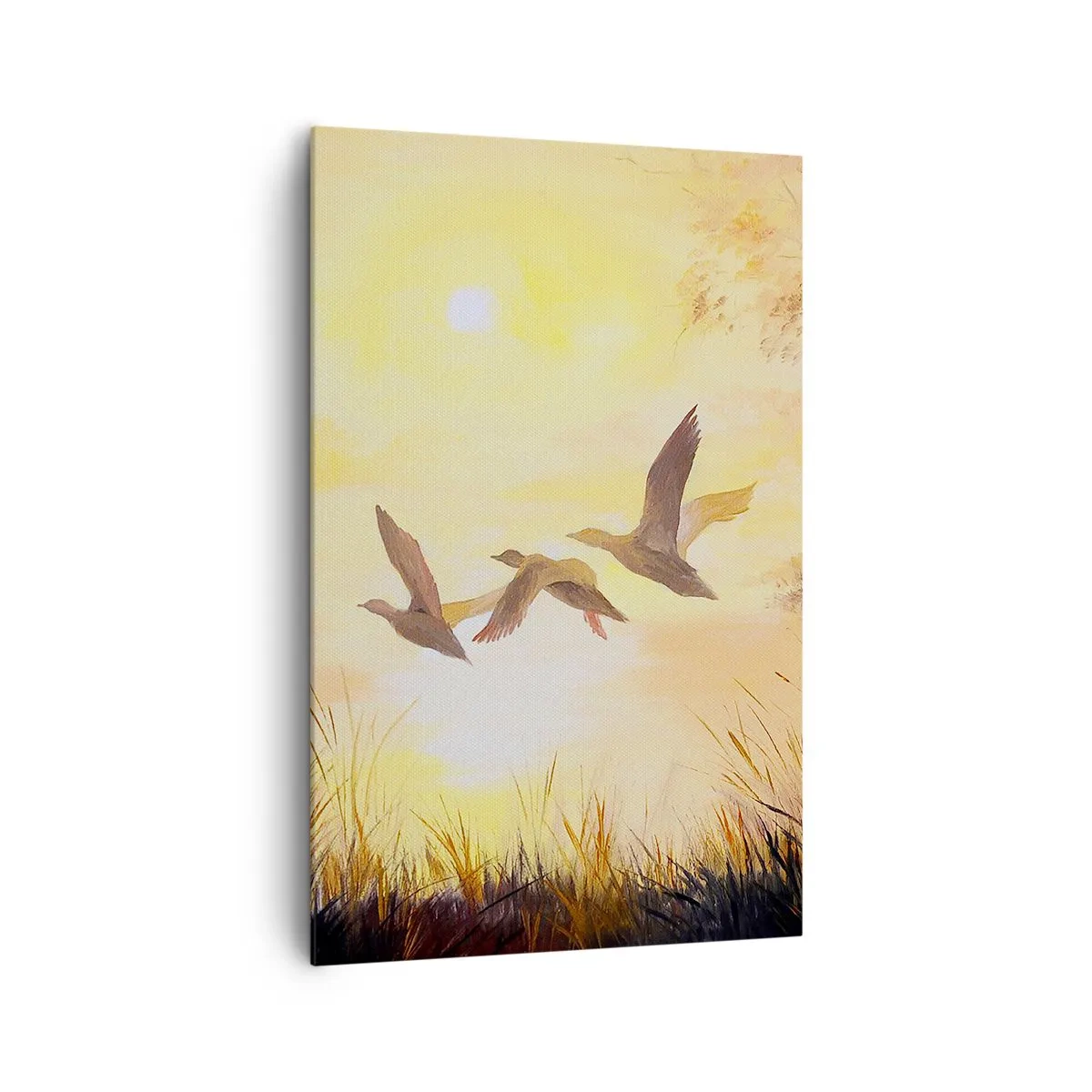 Cuadro sobre lienzo - Impresión de Imagen - Patos volando al amanecer sobre el lago - 80x120cm - El comienzo de un largo viaje - Decoración de pared moderna para salón y dormitorio ARTTOR