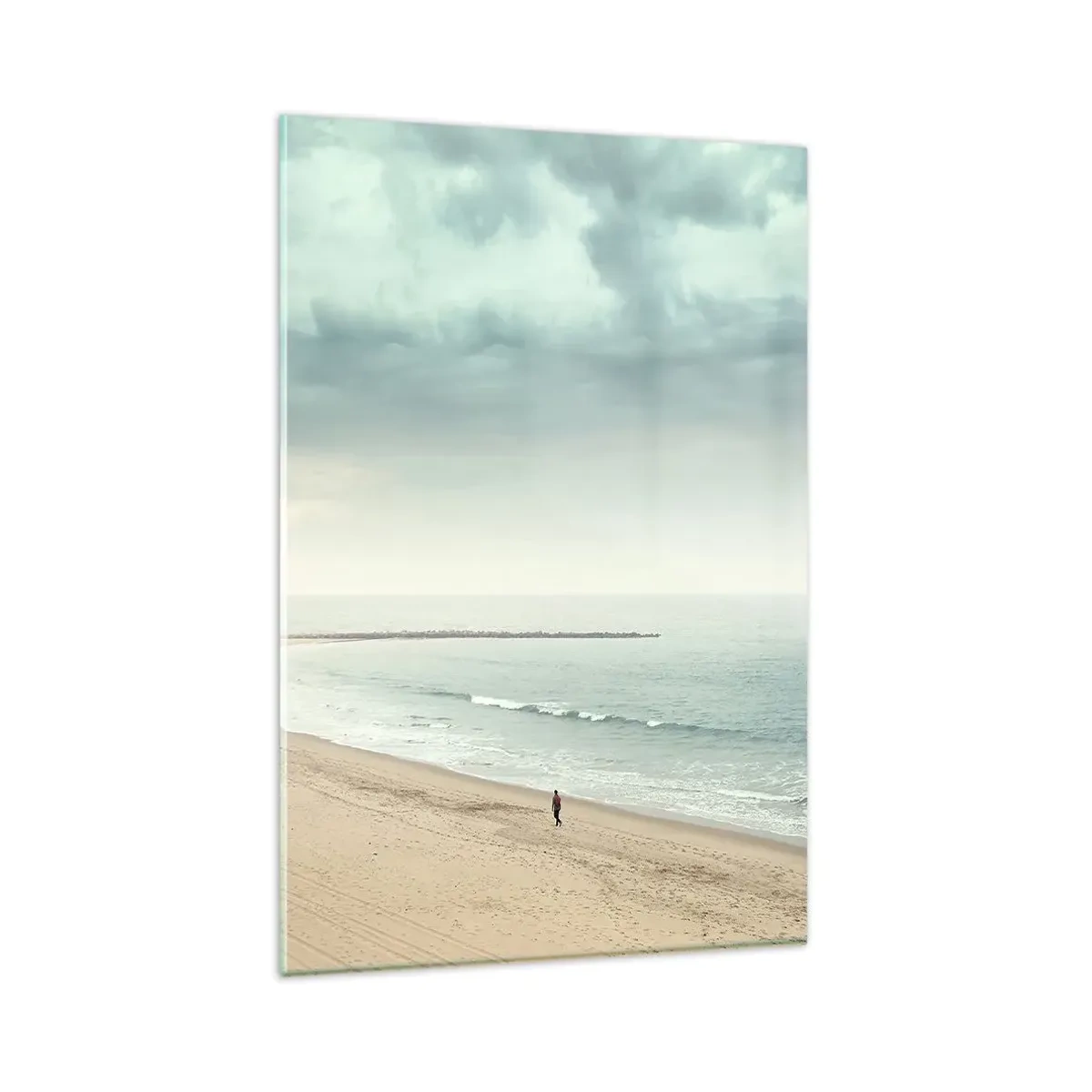 Cuadro sobre vidrio - Impresiones sobre Vidrio - Una figura solitaria en una playa desierta junto a un mar en calma. - 80x120cm - En busca de la paz - Decoración de pared moderna para salón y dormitorio ARTTOR