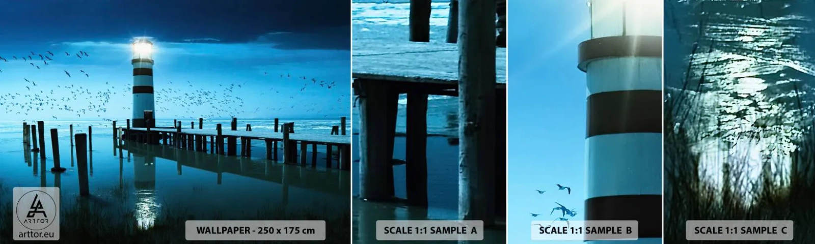 Muestra De Fotomural Standard Eco - Sin miedo a la oscuridad - Paisaje, Faro, Puente de madera - 100x30 cm