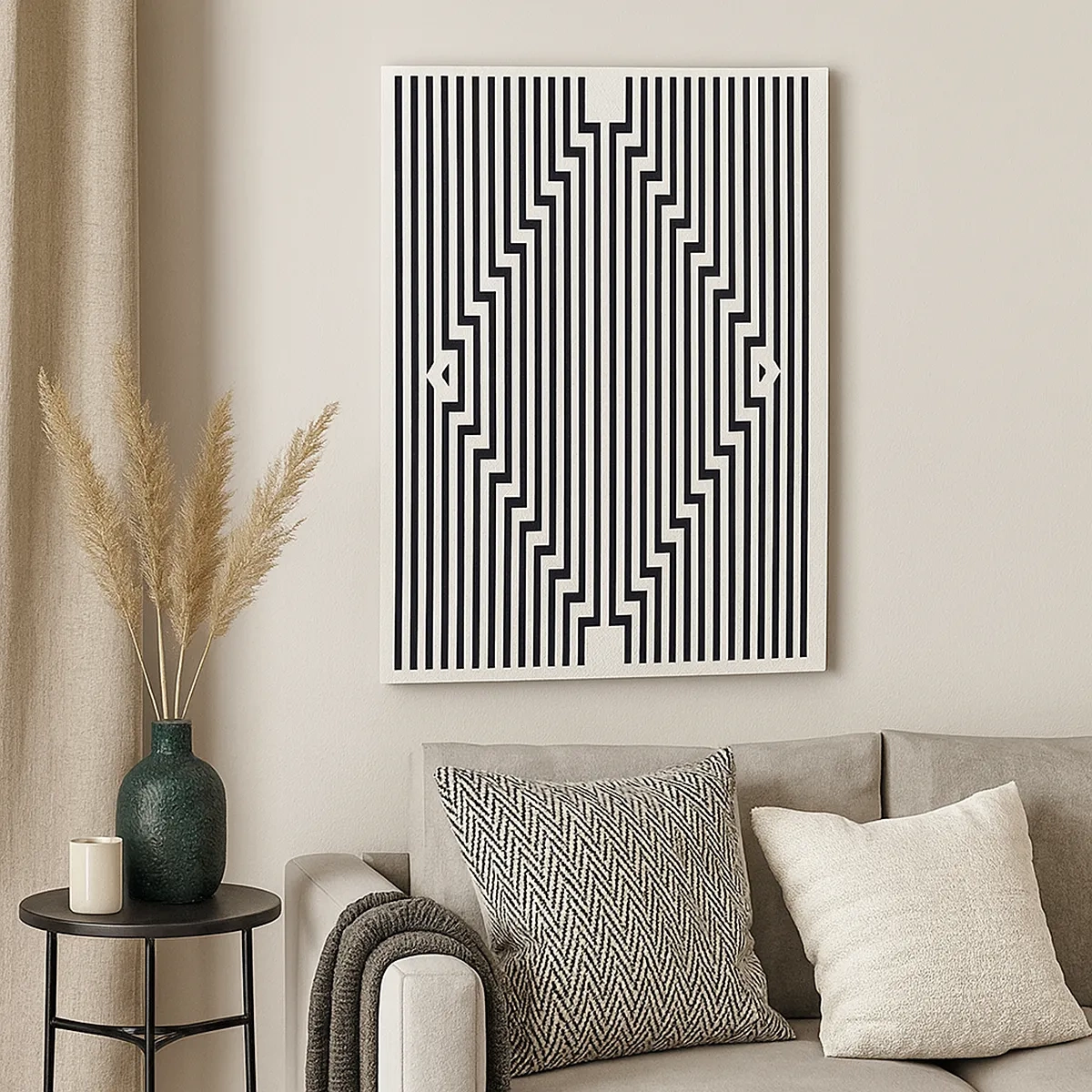 Cuadro sobre lienzo - Impresión de Imagen - Líneas blancas y negras que crean un efecto de ilusión geométrica. - 50x70cm - Ilusión geométrica - Decoración de pared moderna para salón y dormitorio ARTTOR