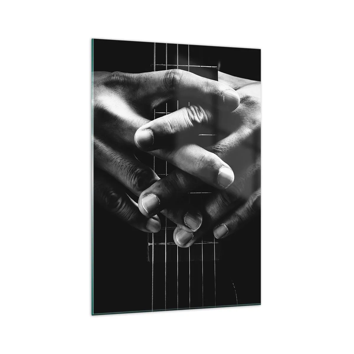 Cuadro sobre vidrio - Impresiones sobre Vidrio - Manos unidas sobre una guitarra en un tono monocromático. - 70x100cm - La oración del artista - Decoración de pared moderna para salón y dormitorio ARTTOR
