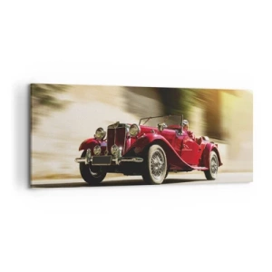 Cuadro sobre lienzo - Impresión de Imagen - Coche clásico rojo en movimiento en una calle soleada - 120x50cm - Hermosa pieza de museo - Decoración de pared moderna para salón y dormitorio ARTTOR