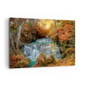Cuadro sobre lienzo - Impresión de Imagen - Cascada de otoño rodeada de árboles coloridos a la luz del sol. - 100x70cm - El tesoro escondido del bosque - Decoración de pared moderna para salón y dormitorio ARTTOR