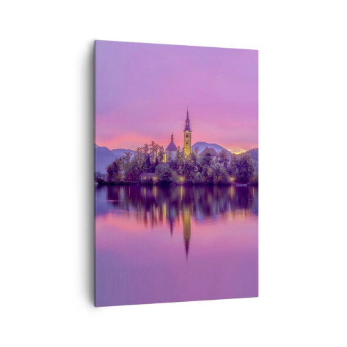 Cuadro sobre lienzo - Impresión de Imagen - Lago con una isla y una iglesia al atardecer - 70x100cm - Isla de cuento de hadas al atardecer  - Decoración de pared moderna para salón y dormitorio ARTTOR