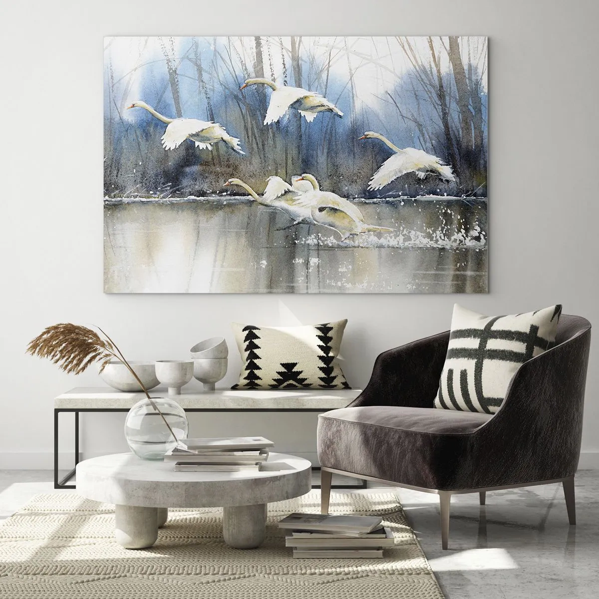 Cuadro sobre vidrio - Impresiones sobre Vidrio - Cisnes salvajes volando sobre un tranquilo lago del bosque - 70x50cm - Como en un cuento de cisnes salvajes - Decoración de pared moderna para salón y dormitorio ARTTOR