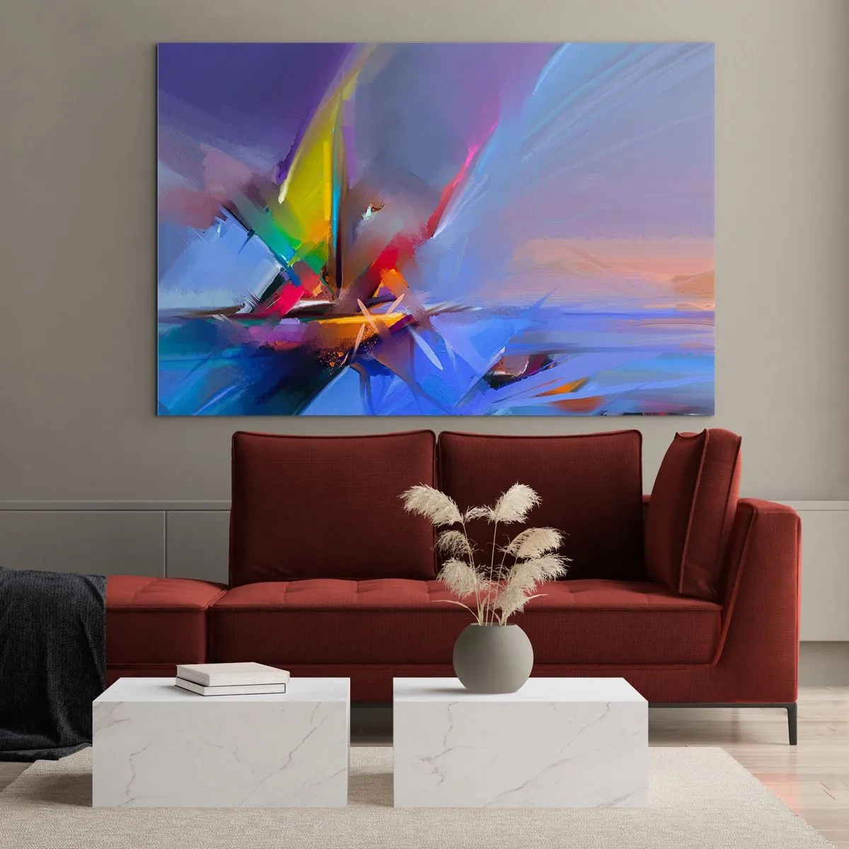 Cuadro sobre vidrio - Impresiones sobre Vidrio - Hélices abstractas en colores vibrantes contra un cielo pastel - 70x50cm - Como un pájaro - Decoración de pared moderna para salón y dormitorio ARTTOR