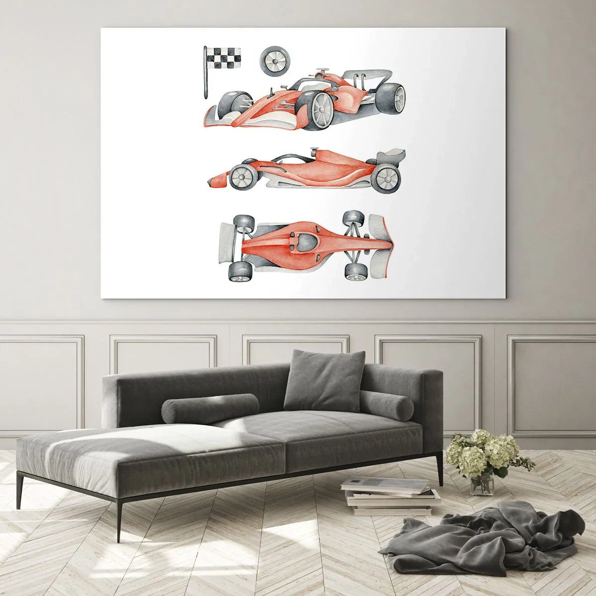 Cuadro sobre vidrio - Impresiones sobre Vidrio - Ilustración de tres disparos de un coche de carreras rojo con una bandera de carreras - 70x50cm - Para alcanzar un sueño - Decoración de pared moderna para salón y dormitorio ARTTOR