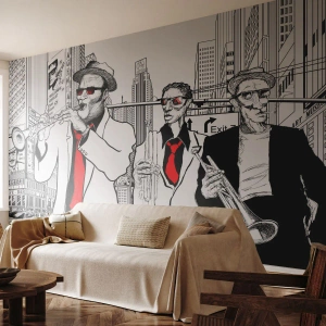Fotomural Premium Sand - Rapsodia urbana en negro y rojo - Nueva York, Jazz, Música - 300x210 cm