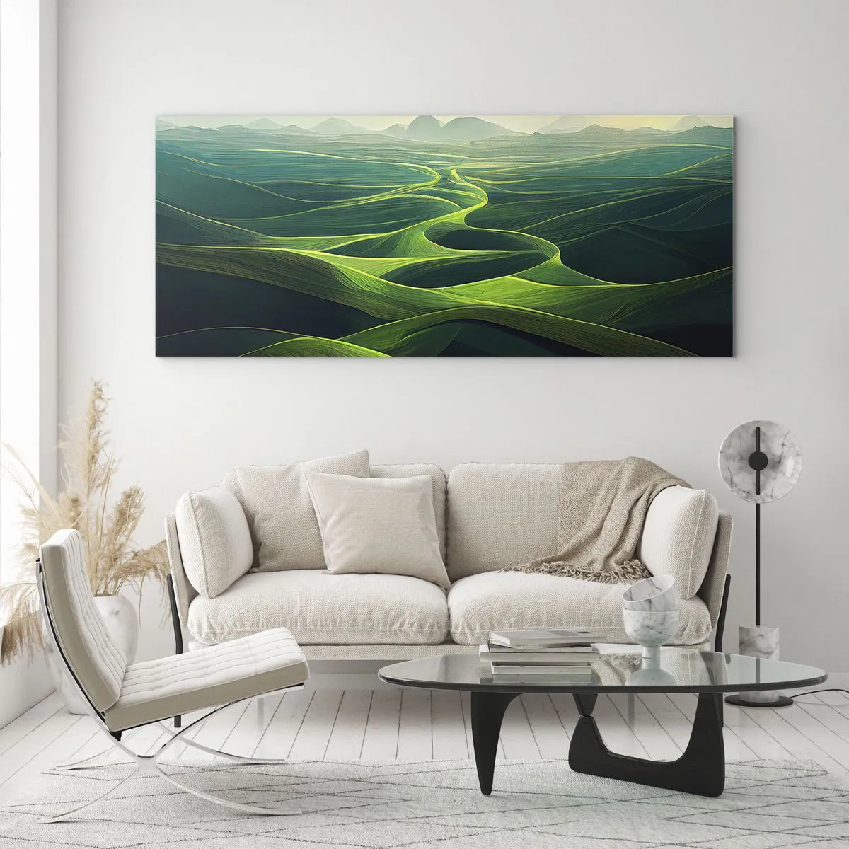 Cuadro sobre vidrio - Impresiones sobre Vidrio - Colinas verdes con senderos ondulados - 140x50cm - Valles en tonos verdes - Decoración de pared moderna para salón y dormitorio ARTTOR