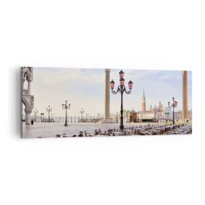 Cuadro sobre lienzo - Impresión de Imagen - Venecia, vista de la plaza con columnas y mesas de café. - 140x50cm - Vamos, todo está listo - Decoración de pared moderna para salón y dormitorio ARTTOR