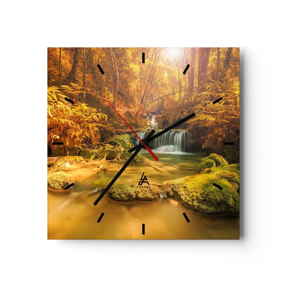 Reloj de pared - Reloj de vidrio - Cascada forestal en oro - 40x40 cm