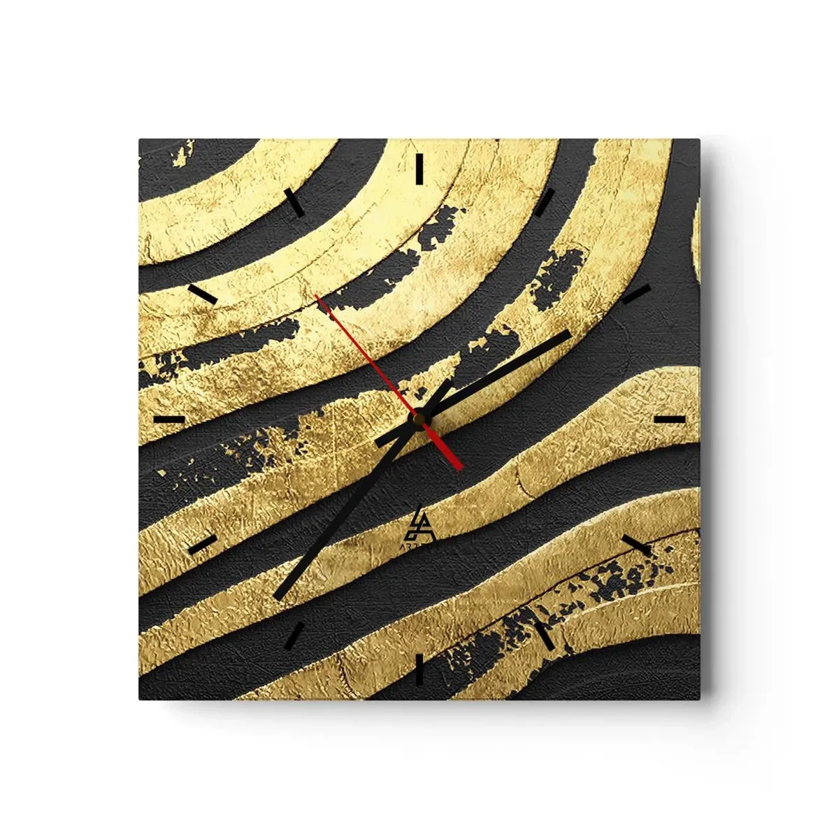 Reloj de pared - Reloj de vidrio - Ondas abstractas doradas sobre un fondo negro - 30x30cm - Todo fluye - Decoración de pared moderna para salón y dormitorio ARTTOR