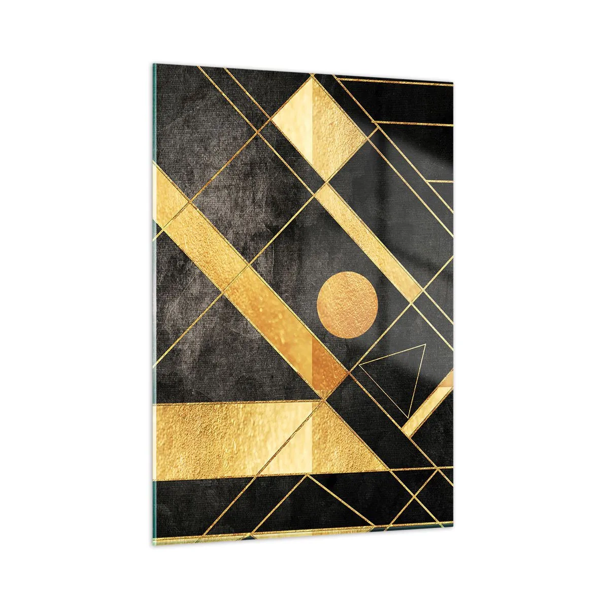 Cuadro sobre vidrio - Impresiones sobre Vidrio - Patrones geométricos dorados sobre un fondo negro - 50x70cm - Sol del desierto - Decoración de pared moderna para salón y dormitorio ARTTOR