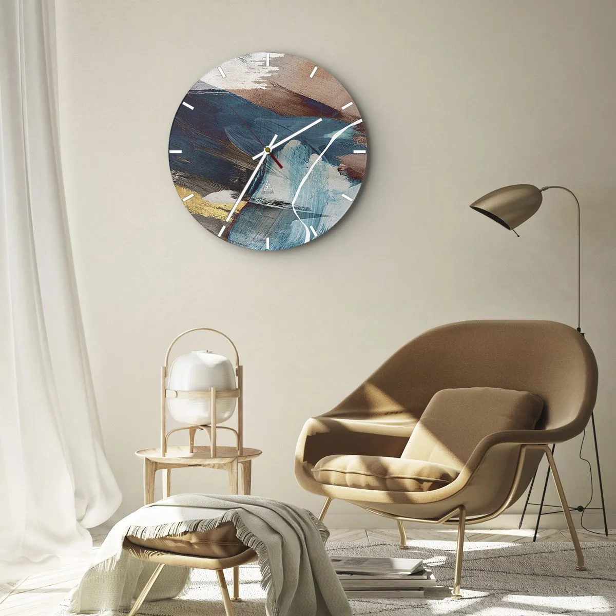 Reloj de pared - Reloj de vidrio - Pinceladas dinámicas en tonos azules y marrones. - 30x30cm - Con estilo y energía - Decoración de pared moderna para salón, cocina y dormitorio ARTTOR