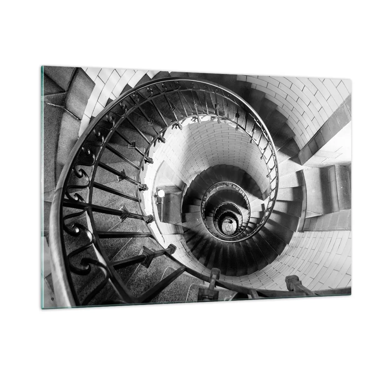 Cuadro sobre vidrio - Impresiones sobre Vidrio - Fotografía en blanco y negro de una escalera de caracol en perspectiva. - 120x80cm - Cada vez más alto - Decoración de pared moderna para salón y dormitorio ARTTOR