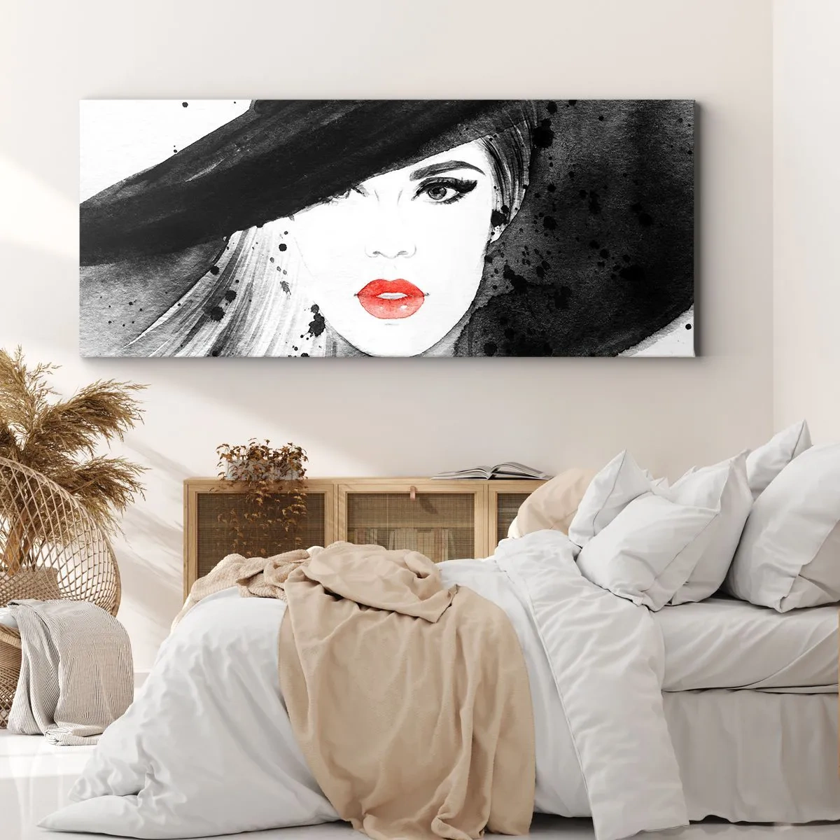 Cuadro sobre lienzo - Impresión de Imagen - Retrato de una mujer con sombrero y labios rojos. - 120x50cm - Dama de negro - Decoración de pared moderna para salón y dormitorio ARTTOR