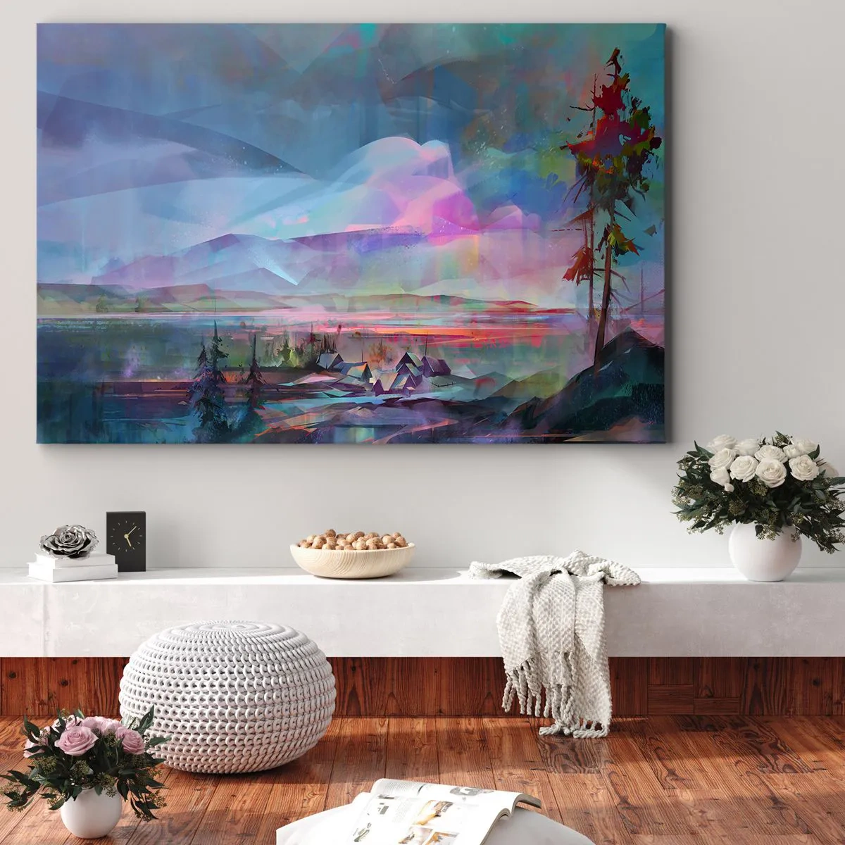 Cuadro sobre lienzo - Impresión de Imagen - Paisaje de montaña con un cielo colorido y un pueblo. - 70x50cm - Bajo un cielo benévolo - Decoración de pared moderna para salón y dormitorio ARTTOR