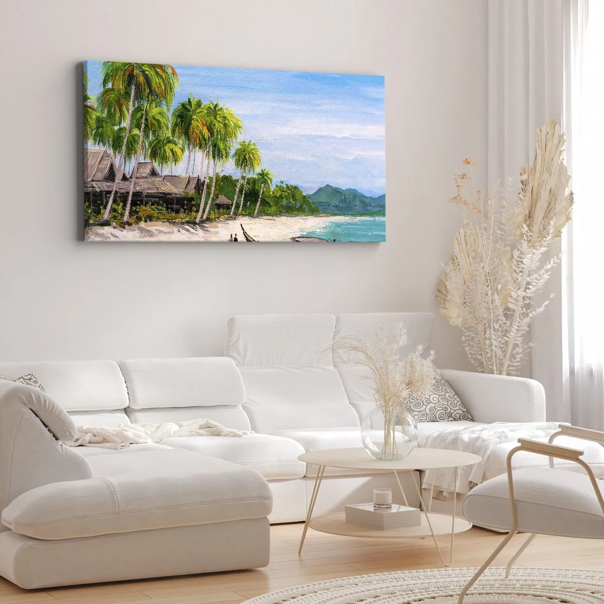 Cuadro sobre lienzo - Impresión de Imagen - Una playa exótica con palmeras y un barco en la orilla. - 140x50cm - Un sueño exótico - Decoración de pared moderna para salón y dormitorio ARTTOR