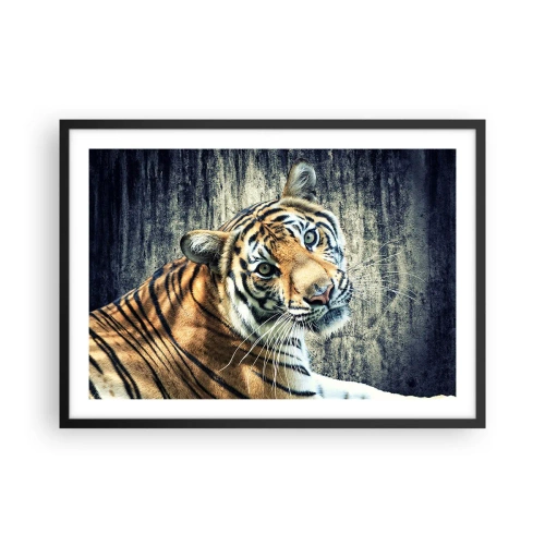 Póster en marco negro - Un tigre recostado contra una pared de textura rugosa. - 70x50cm - Retrato en corrientes de luz - Decoración de pared moderna para salón y dormitorio ARTTOR