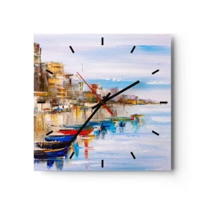 Reloj de pared - Reloj de vidrio - Barcos coloridos en la orilla con vistas al horizonte de la ciudad - 30x30cm - Puerto urbano multicolor - Decoración de pared moderna para salón y dormitorio ARTTOR