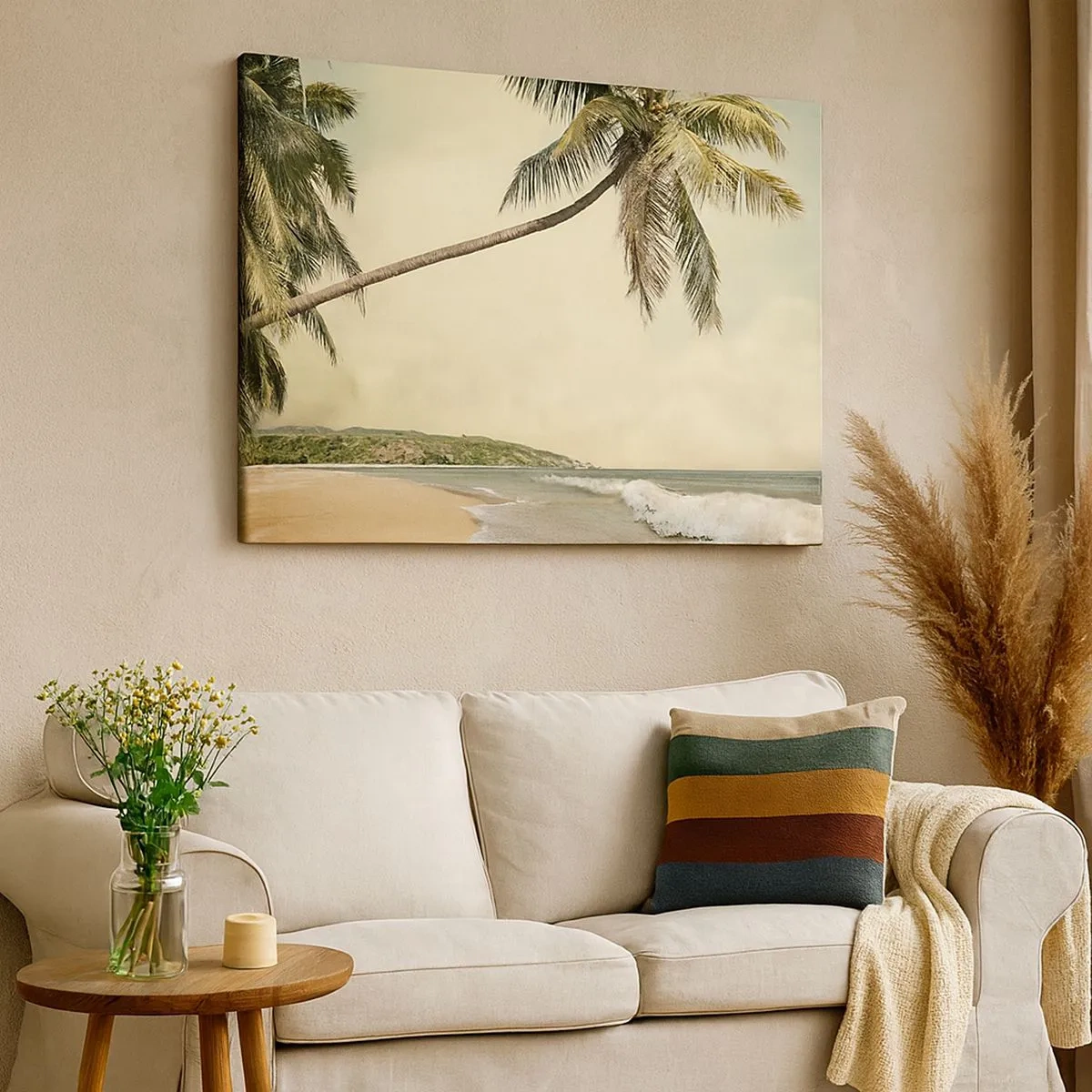 Cuadro sobre lienzo - Impresión de Imagen - Una playa con palmeras con el mar en calma como telón de fondo. - 70x50cm - Sueño tropical - Decoración de pared moderna para salón y dormitorio ARTTOR