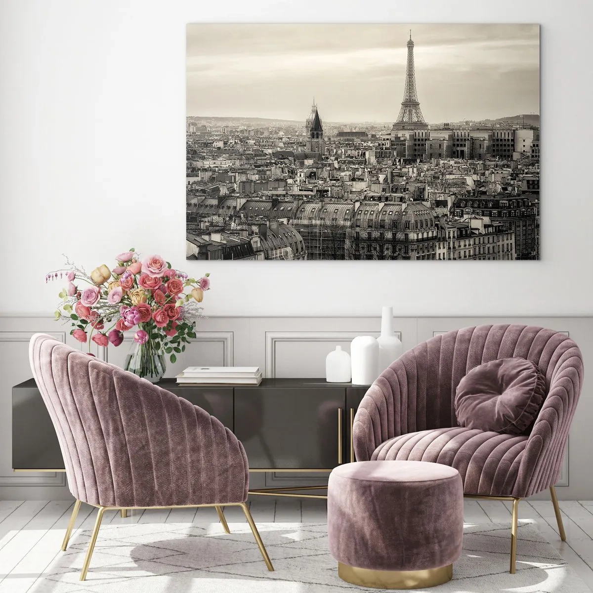 Cuadro sobre vidrio - Impresiones sobre Vidrio - Un panorama de París con vista a la Torre Eiffel en tonos sepia. - 120x80cm - Sobre los tejados de París - Decoración de pared moderna para salón y dormitorio ARTTOR