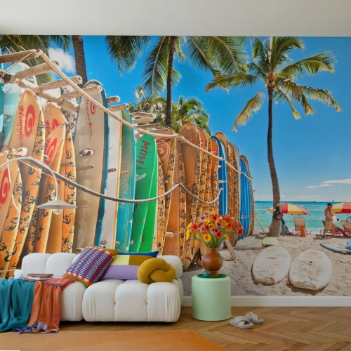 Fotomural Premium Canvas - Diversión soleada - Paisaje, Tabla de surf, Playa - 300x210 cm