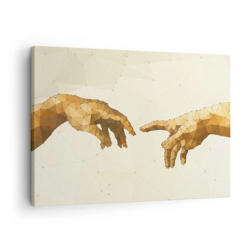 Cuadro sobre lienzo - Impresión de Imagen - Manos geométricas que se extienden una hacia la otra sobre un fondo claro. - 70x50cm - Geometría divina - Decoración de pared moderna para salón y dormitorio ARTTOR