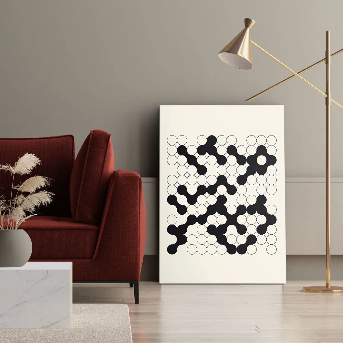 Cuadro sobre lienzo - Impresión de Imagen - Patrones en blanco y negro con círculos sobre un fondo claro. - 50x70cm - Juego chino - una variación - Decoración de pared moderna para salón y dormitorio ARTTOR