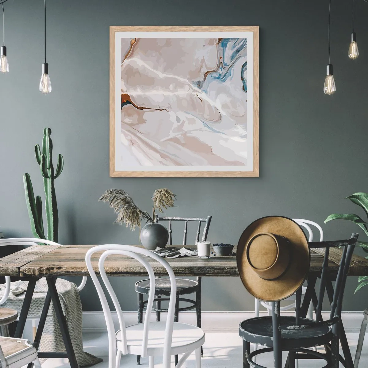 Póster en marco roble claro - El azul serpentea por el blanco - 60x60 cm