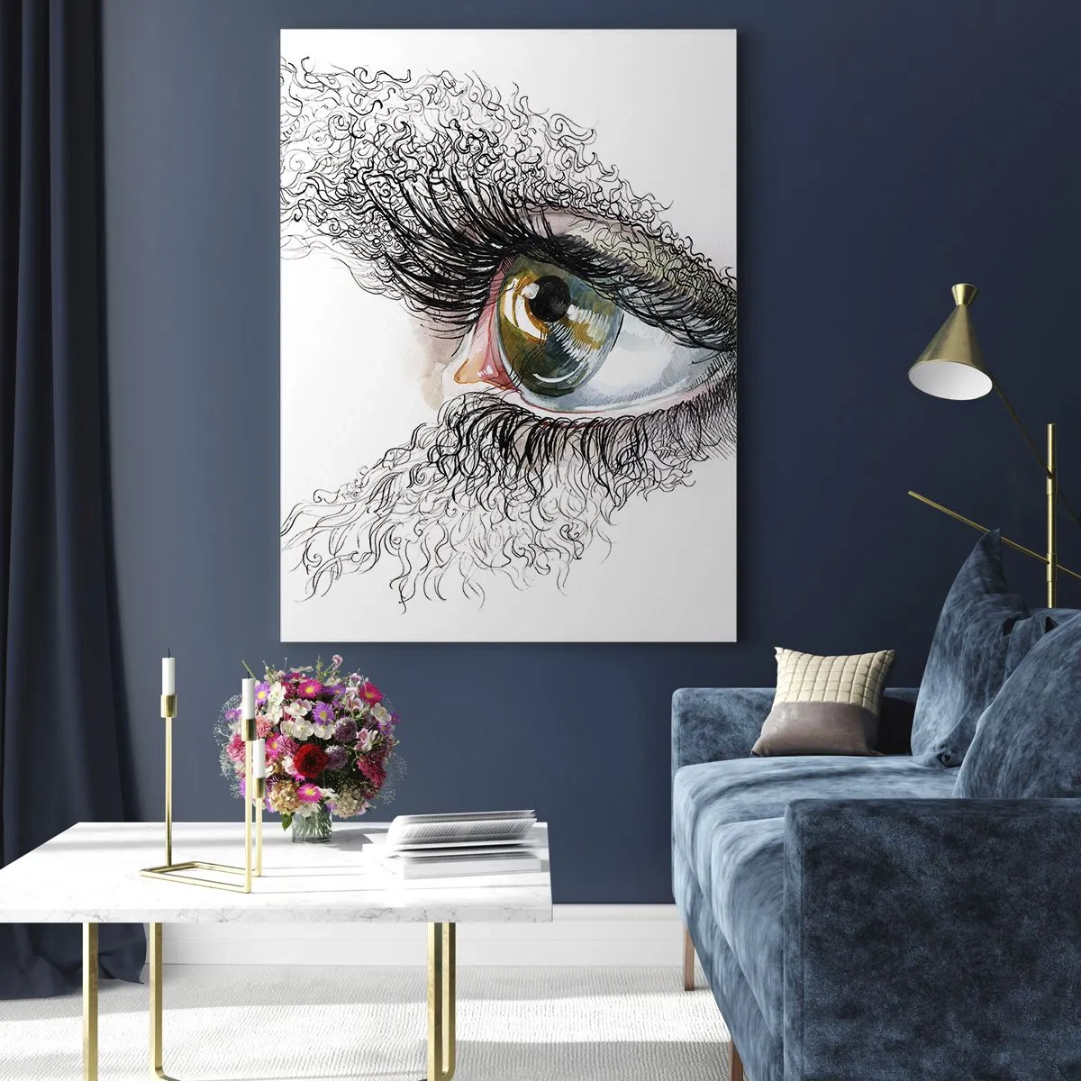 Cuadro sobre vidrio - Impresiones sobre Vidrio - Un ojo dorado rodeado de líneas dinámicas y detalles abstractos. - 50x70cm - Mira directamente a tu alma - Decoración de pared moderna para salón y dormitorio ARTTOR