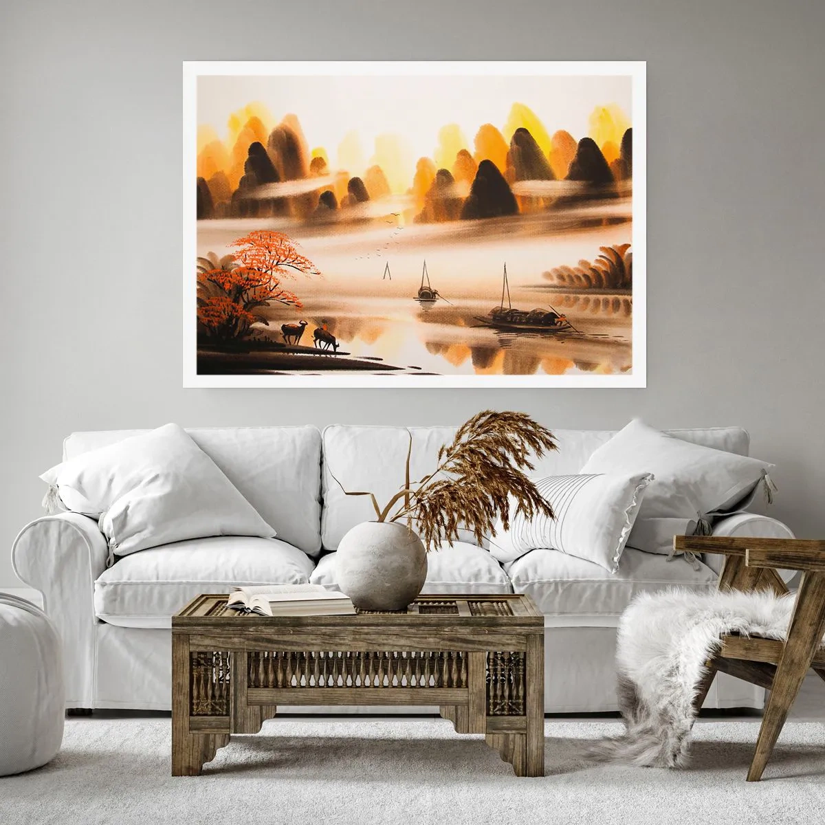 Póster - Un paisaje oriental con un río, montañas y una suave niebla. - 100x70cm - Más allá del Lejano Oriente - Decoración de pared moderna para salón y dormitorio ARTTOR