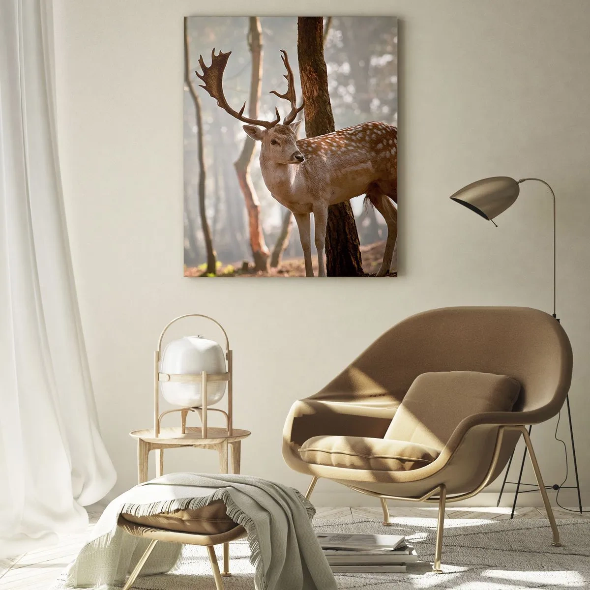 Cuadro sobre vidrio - Impresiones sobre Vidrio - Ciervos en el bosque en la niebla de la mañana. - 70x100cm - La luz de la juventud - Decoración de pared moderna para salón y dormitorio ARTTOR