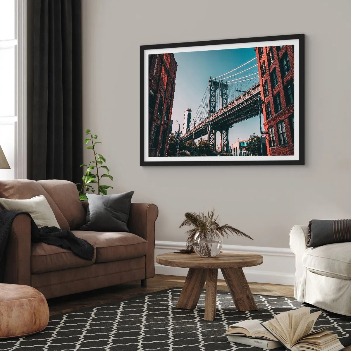 Póster en marco negro - Un puente entre edificios en un paisaje urbano - 100x70cm - Sobre el fluir de la ciudad - Decoración de pared moderna para salón y dormitorio ARTTOR