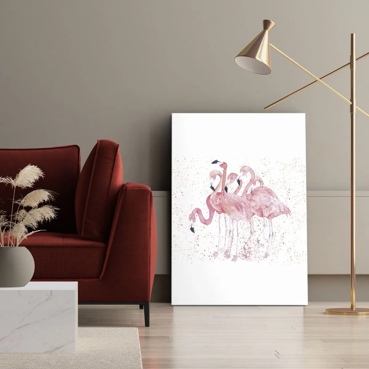Cuadro sobre lienzo - Impresión de Imagen - Flamencos rosados en un estilo artístico de acuarela. - 50x70cm - Asamblea rosa - Decoración de pared moderna para salón y dormitorio ARTTOR