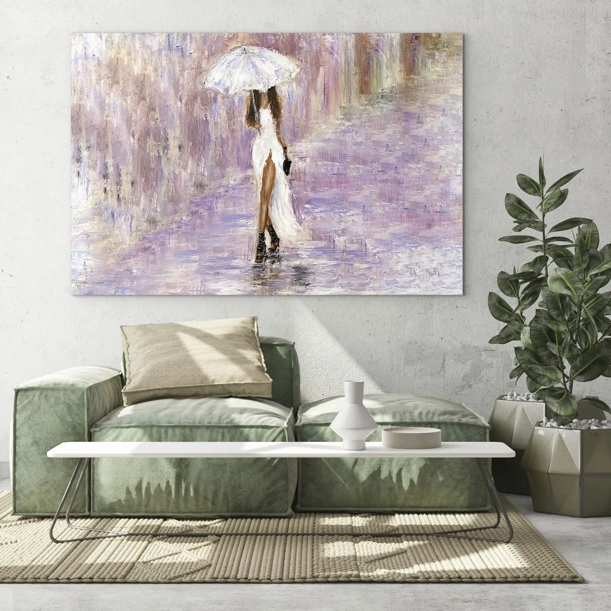 Cuadro sobre vidrio - Impresiones sobre Vidrio - Figura de una mujer con paraguas en una escena de lluvia lila - 70x50cm - En la lluvia de lilas - Decoración de pared moderna para salón y dormitorio ARTTOR