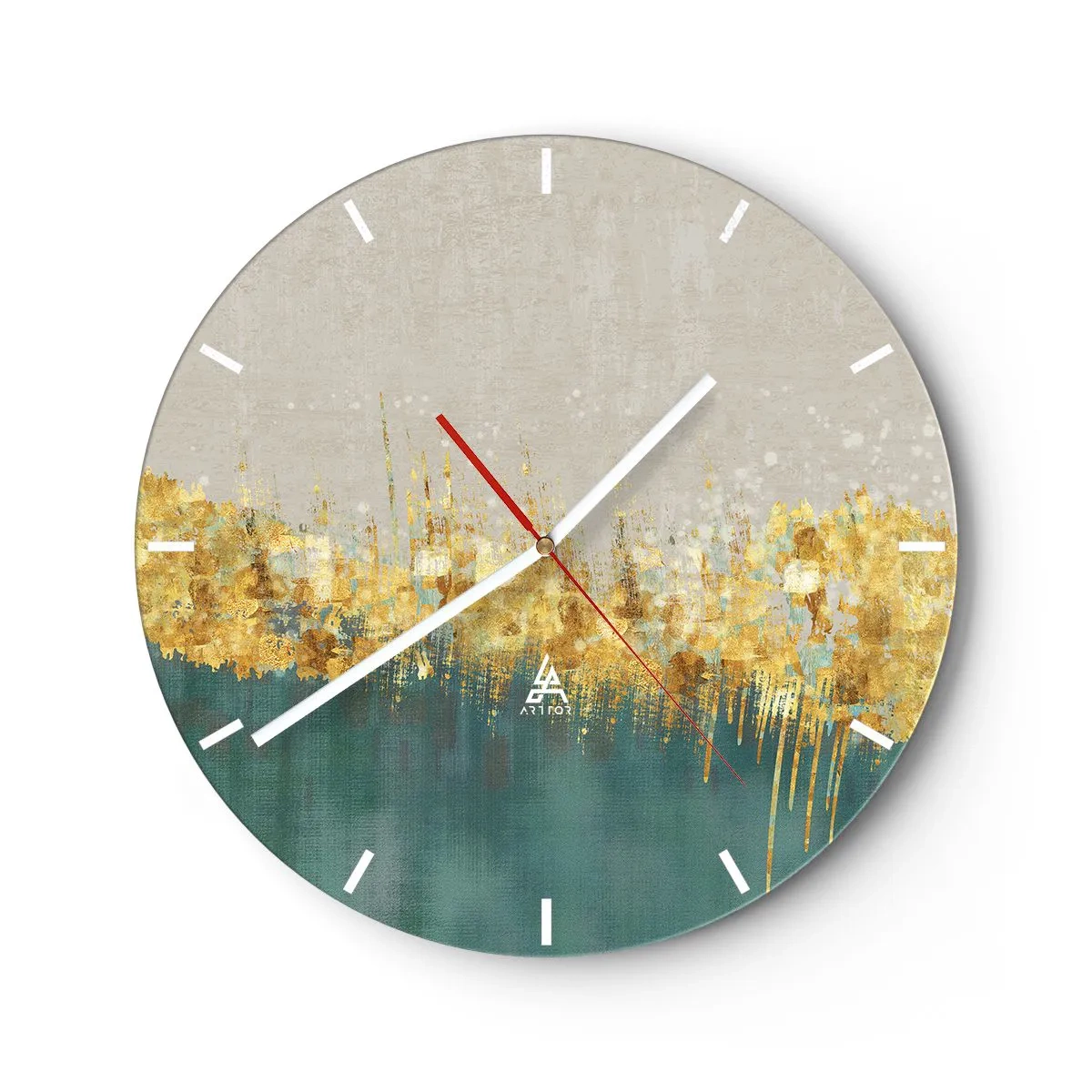 Reloj de pared - Reloj de vidrio - Una línea abstracta dorada que separa el fondo de la vegetación. - 30x30cm - La frontera dorada - Decoración de pared moderna para salón, cocina y dormitorio ARTTOR