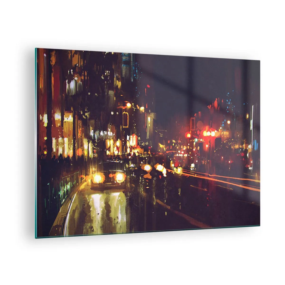 Cuadro sobre vidrio - Impresiones sobre Vidrio - Paisaje nocturno de la ciudad con coches y farolas - 70x50cm - Hundido en la luz de la noche - Decoración de pared moderna para salón y dormitorio ARTTOR