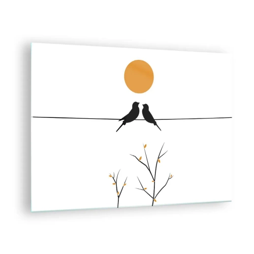 Cuadro sobre vidrio - Impresiones sobre Vidrio - Pájaros en una línea bajo un sol naranja - 70x50cm - Noche de ruiseñores - Decoración de pared moderna para salón y dormitorio ARTTOR