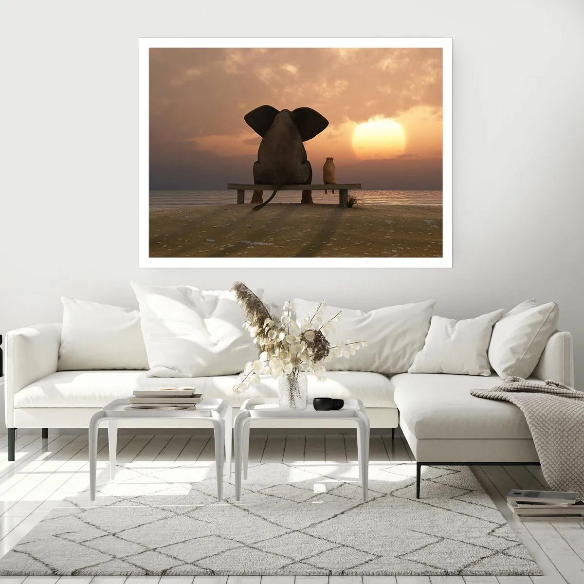 Póster - Un elefante y un perro están sentados en un banco en la playa durante el atardecer. - 100x70cm - Es bueno estar en silencio juntos - Decoración de pared moderna para salón y dormitorio ARTTOR
