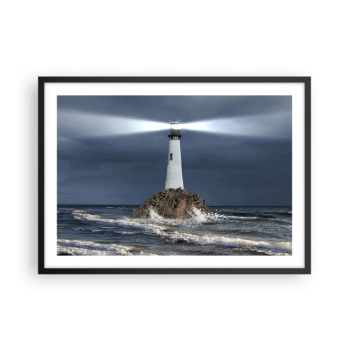 Póster en marco negro - Un faro sobre una roca rodeado de un mar tempestuoso. - 70x50cm - ¡Aquí... aquí... aquí! - Decoración de pared moderna para salón y dormitorio ARTTOR